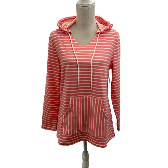 NWT RBX V Neck Hooded Sweatshirt Women’s Medium Mid Pocket French Terry Striped - Picture 1 of 7